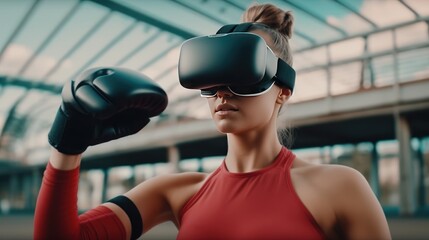 Sports woman with VR glassed boxing on footpath generated AI - obrazy, fototapety, plakaty