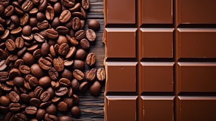 Dark chocolate and coffee beans on wooden table background for product, banner