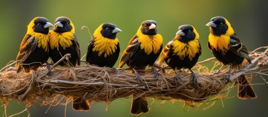 A flock of black and yellow songbirds with beaks adapted for eating insects sit on a tree branch in nature. Their feathers and wings contrast beautifully against the green grass below - Powered by Adobe
