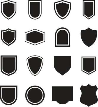 Shield icon set in vintage style. Protect shield security line icons. Badge quality symbol, sign, logo or emblem. Vector illustration