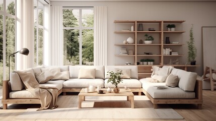 Modern trendy living room interior composition inspired by scandinavian sophistication  - obrazy, fototapety, plakaty