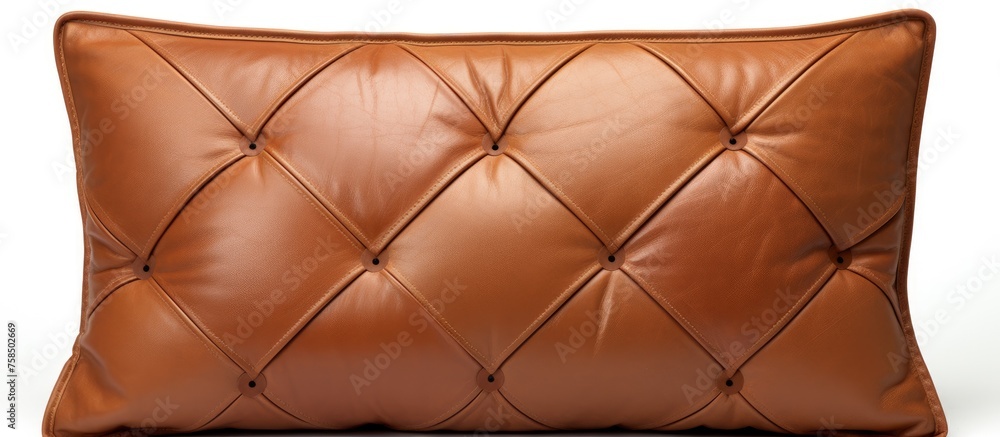 Poster a rectangular brown leather pillow with a quilted pattern, placed on a white background to create a 