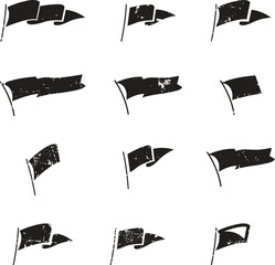 Retro flag silhouette. Vintage waving flags, ripped banner and grunge flag symbol isolated vector set
