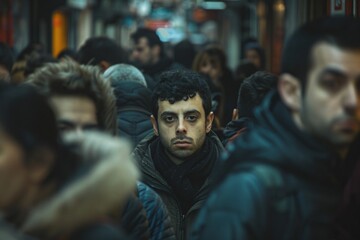 Sad face of a man being lost in the crowd. Conceptual image of person being lonely in the crowd and hectic town