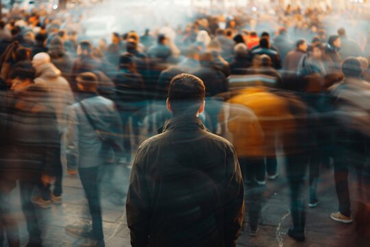 Man lost in the crowd, timelapse and blur effect. Conceptual image of lost in nowhere and being lonely in the crowd