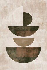 Wall art design displaying a serene, minimalist sage boho pattern with balanced brown and white shapes, aiming to achieve harmony.