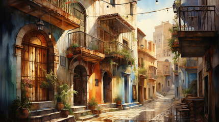 Fototapeta na wymiar A watercolor illustration portrays a quaint and sunlit alley in a picturesque Mediterranean village, adorned with potted plants and bistro tables.