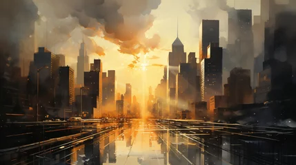 Foto op Plexiglas Aquarelschilderij wolkenkrabber  Watercolor illustration of a sunburst piercing through the mist over a bustling city skyline, reflecting on wet streets below.