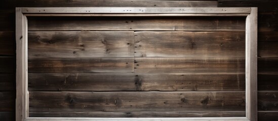 A brown hardwood rectangle frame is displayed against a wooden wall, showcasing different tints and shades of wood. The plank pattern adds depth to the flooring design