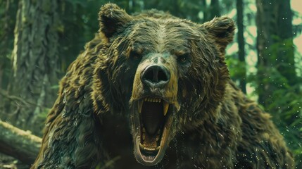 big and angry grizzly bear with big teeth, scene in the movie - obrazy, fototapety, plakaty