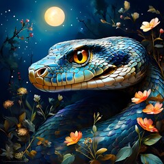 Fototapeta premium 최대한 귀엽고 깜찍하게 파란뱀 노란보름달 섬뜩하지만 보면볼수록 볼매 snake