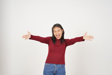 Young Asian woman in Red t-shirt Give a Hug isolated on white background