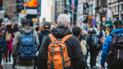 A crowd of people walking in the city, some with backpacks and others without, seen from behind. - obrazy, fototapety, plakaty