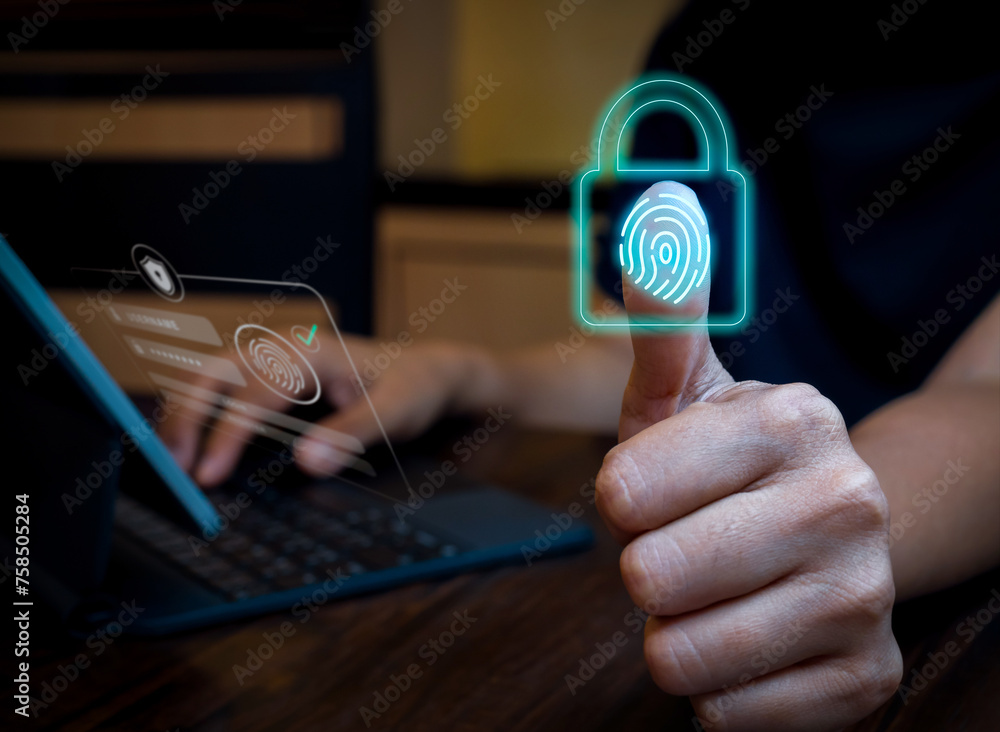 Poster blue fingerprint scan with lock icon on virtual screen while finger scanning for security access wit