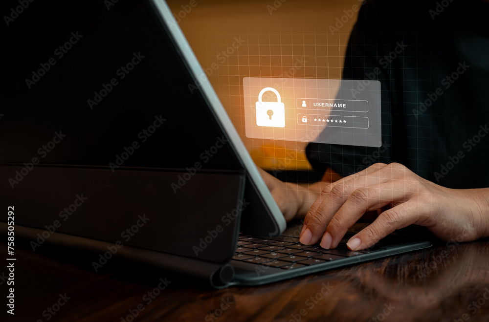 Poster cyber security concept. sign in page on virtual screen while business person working with on digital