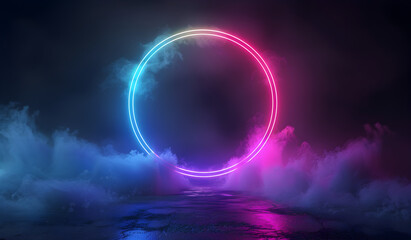 Glowing Circle Amidst Neon Vaporwave Fog Background