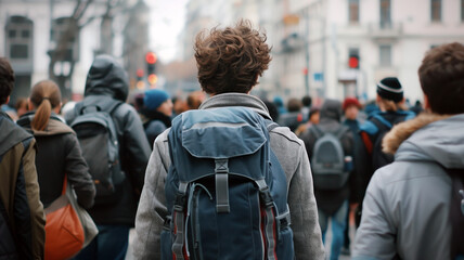 A crowd of people walking in the city, some with backpacks and others without, seen from behind. - obrazy, fototapety, plakaty