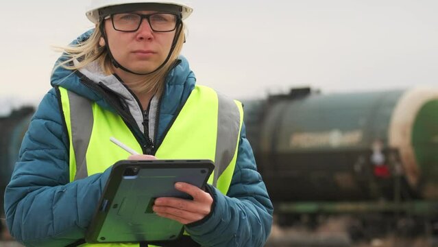Inspector woman wearing white hardhat and safety vest holding tablet, checking progress, monitor the shipment of oil wagons, mark the checklist. 