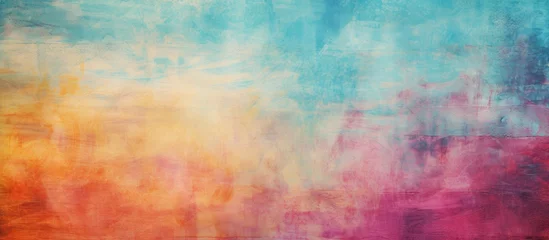 Fotobehang A close up of an electric blue and magenta painting on a wall, featuring a pattern of peach tints and shades. The horizon is beautifully depicted in this stunning visual arts piece © TheWaterMeloonProjec