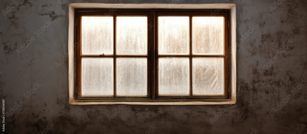 Poster a woodenframed window fixture is set against a dark wall in a rectangular shape. the tints and shade