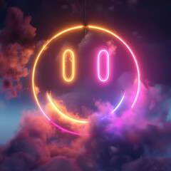 Glowing Neon Smiley Face in an Abstract Cloudscape - obrazy, fototapety, plakaty