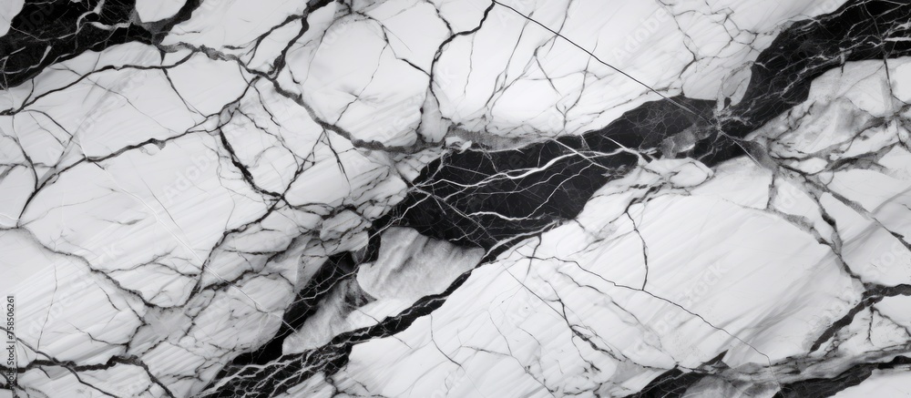 Poster monochrome photography of a marble texture resembling a unique pattern of a plants trunk with a twig