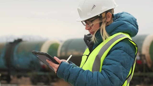 Woman contractor in helmet monitors the loading and dispatch of wagons with petroleum products, inspects production facility, taking notes with stylus on tablet, focused on work.