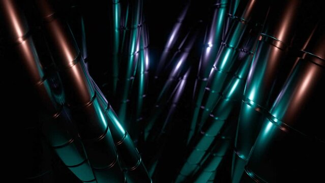 Metal chromed chains similar to a snakes on a black background. Design. Gradient green and purple metal glow of snake shapes.