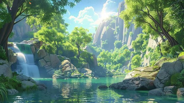 water forest video games digital cg artwork concept. seamless looping overlay 4k virtual video animation background