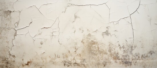 A detailed closeup of a cracked white wall, revealing intricate patterns resembling brown wood...
