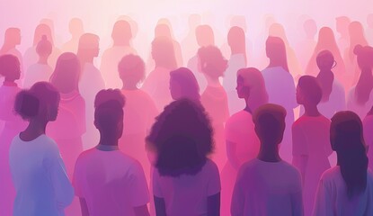 A large group of women standing together, all wearing different shades of pink and purple against the light background. Generative AI
