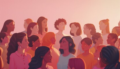A large group of women standing together, all dressed in different colors and styles. The background is a light pink with soft lighting creating gentle shadows on their faces Generative AI