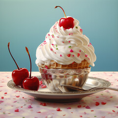 plain dull vanilla ice cream cone sitting beside a virbant bowl of ice cream with sprinkles and a cherry on top created with Generative Ai