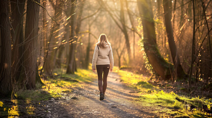 woman walking in autumn forest