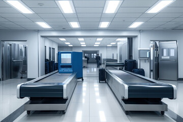 On conveyor belt of luggage scanner at airport counter, you can see an X-ray machine for baggage check-in AI Generative