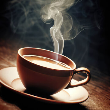 Cup of coffee with smoke on a wooden table