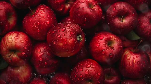 top views of fresh green, red and pink applets fruits with visible water drops