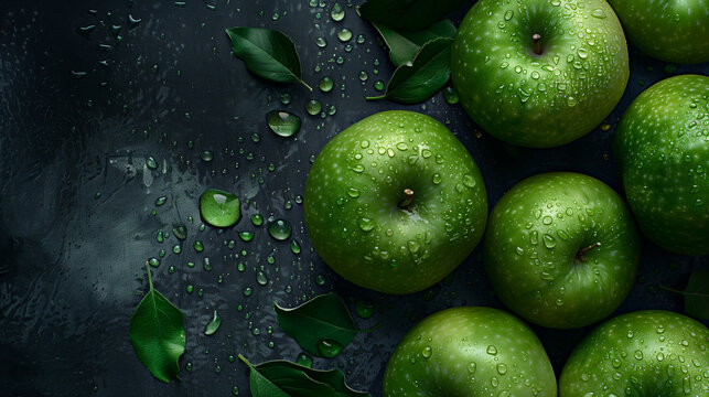 top views of fresh green, red and pink applets fruits with visible water drops