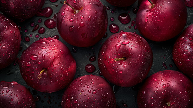 top views of fresh green, red and pink applets fruits with visible water drops
