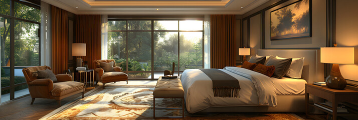 Luxury hotel bedroom design,
3d rendering luxury and modern bedroom suite in hotel with big window