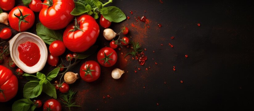 A variety of tomatoes, a type of fruit, are pictured against a dark background. These natural foods can be used as ingredients in many dishes