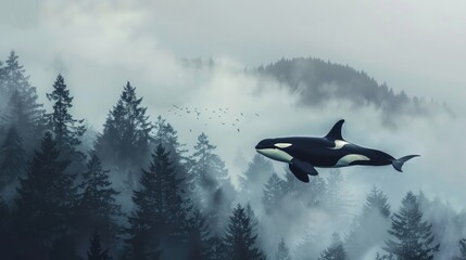 a killer whale swimming in the forest, flying in the foggy forest.Ai generated - obrazy, fototapety, plakaty