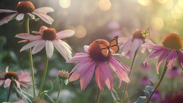 beautiful nature background with meadow and echinacea flowers. seamless looping overlay 4k virtual video animation background