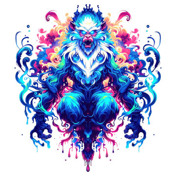 monkey in colorful illustration with neon abstract psychedelic acid style, good for print, t-shirt, sticker, poster, 