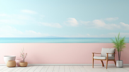 A minimalist empty interior background with benches and flower pots in soft pastel colors wall gives a calm, simple, clean and modern look