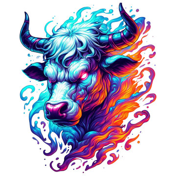 bull, cow, longhorn, in colorful illustration with neon abstract psychedelic acid style, good for print, t-shirt, sticker, poster, 