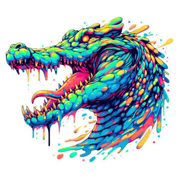 crocodile in colorful illustration with neon abstract psychedelic acid style, good for print, t-shirt, sticker, poster, 