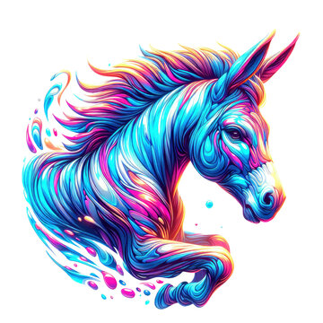 horse, donkey, in colorful illustration with neon abstract psychedelic acid style, good for print, t-shirt, sticker, poster, 