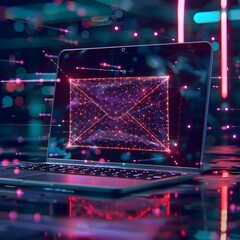 View of a futuristic laptop computer with the symbol for e-mail on the screen - Generative AI