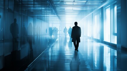 A silhouette of a medical professional walking down a long hallway with shadowy figures in suits following closely behind conveying the feeling of being constantly watched